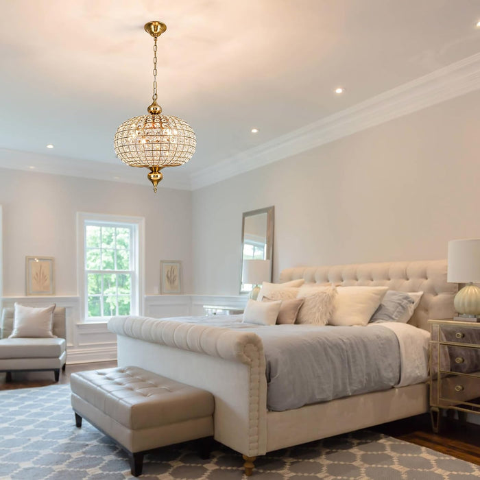 Gold Crystal Chandelier, 16.5" Modern 4-Light round Crystal Pendant Light Antique Globe Foyer Chandelier for Dining Room Living Room