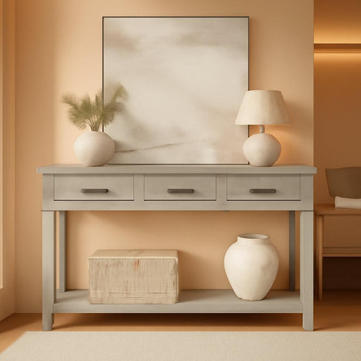Grey Console Table with 3 Drawers & Open Storage Shelf – 2-Tier Entryway Sofa Table – Suits Living Room, Hallway, Foyer, or behind Couch – Color: Grey