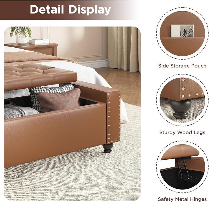 Storage Ottoman Bench, 49 Inch Bedroom Bench, Upholstered Ottoman with Storage, Entryway Bench with Tufted Button, Faux Leather Window Bench for Bedroom, Living Room, Entryway, Hallway, Brown
