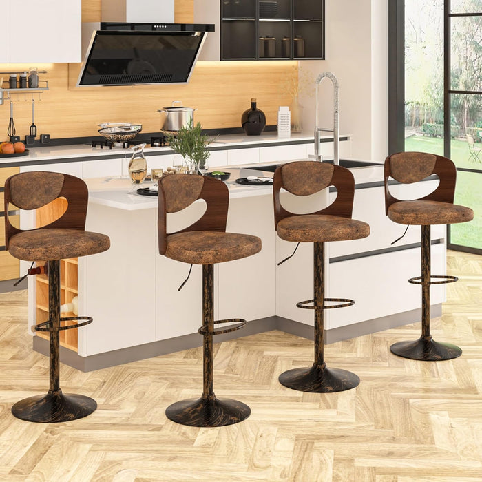 Barstools Set of 4,Kitchen Island Stools with Bentwood Back,Arm&Footrest,Counter Height Bar Chairs PU Leather Cushion Seat Adjustable Height 360°Swivel,Island Chairs for Club Pub,Rustic Brown