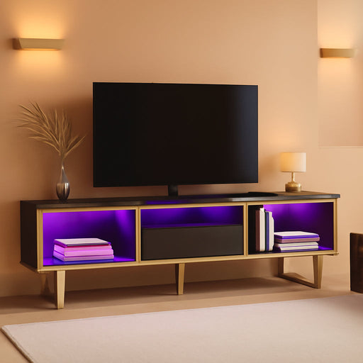 70 Inch TV Stand with LED Lights for 75 Inch TV, LED Entertainment Center with Open Storage and Half-Glass Design Drawer, Modern High Gloss TV Console for Living Room Bedroom, Black and Gold