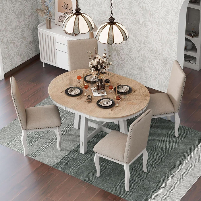TREXM 5-Piece Farmhouse Dining Table Set Wood round Extendable Dining Table and 4 Upholstered Dining Chairs (Oak Natural Wood + Antique White)