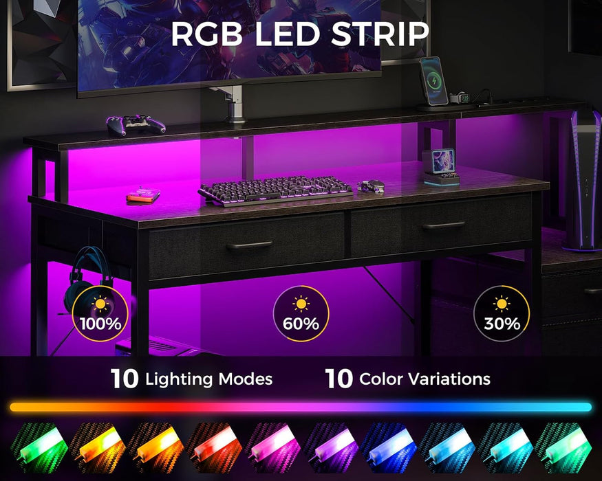 48-Inch Computer Desk with Fabric File Cabinet and Fabric Drawers, Reversible Office Desk with LED Strip and Power Strip, Gaming Desk with Monitor Riser, Writing/Study Table for Home, Oak Grey