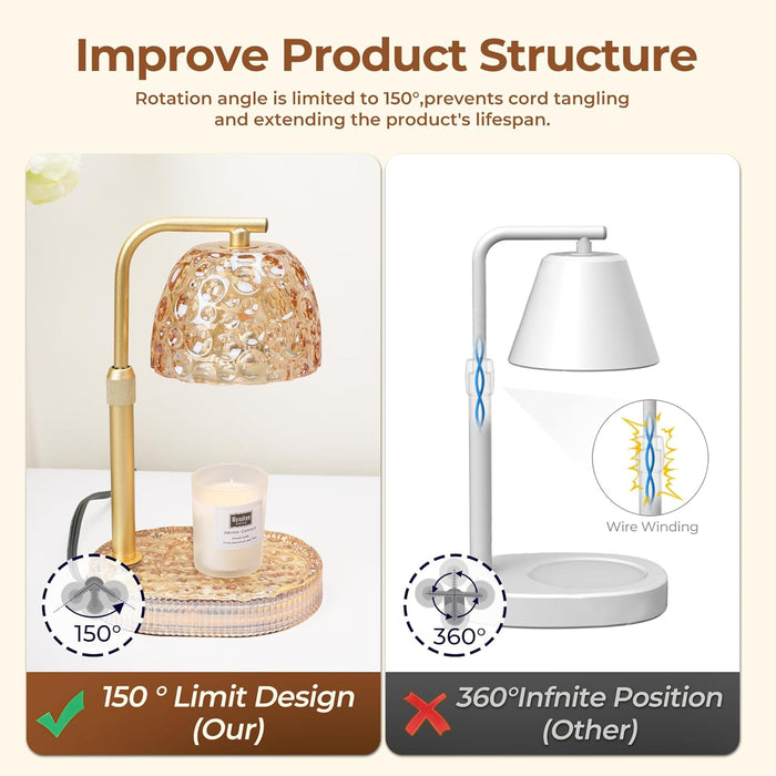 Candle Warmer Lamp with Timer Dimmer, Honeycomb Crystal Wax Melt Warmer for Jar Candles, Adjustable Height Wax Warmer Lamp with 2 Bulbs for Women Mom Gift New Home Bedroom Decor (Amber)