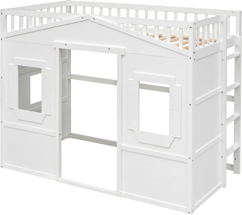 Twin Size House Loft Bed, Wooden Bed Frame with Ladder, Kids Playhouse Bed with Window for Girls Boys, White