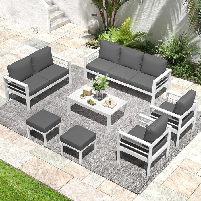 Aluminum Patio Furniture Set, Modern Outdoor Patio Furniture with Coffee Table, 7 Pieces Outdoor Conversation Set with Dark Gray Cushions for Balcony, Porch, Lawn and Yard