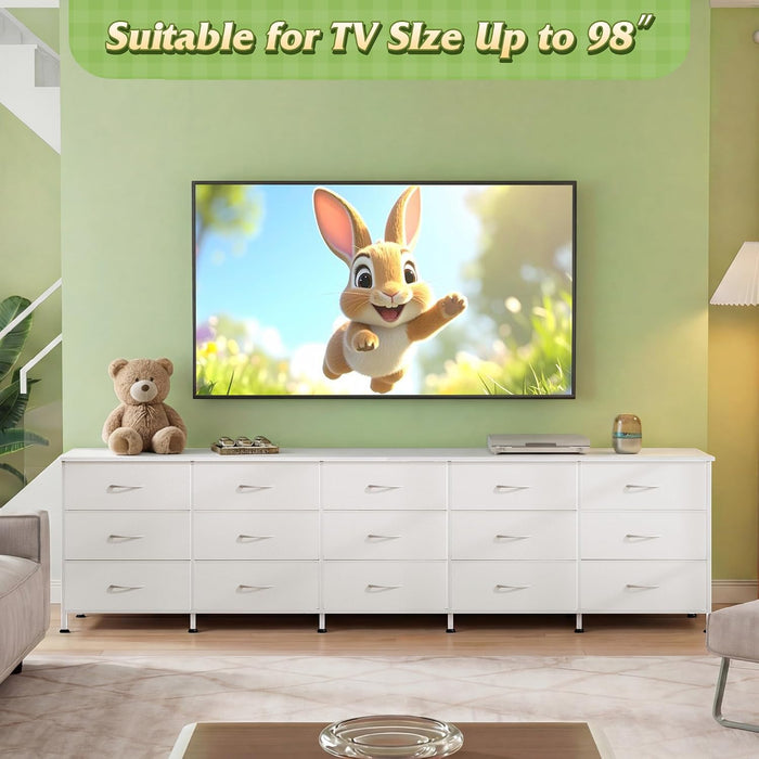 92 Inch Dresser TV Stand for 98 Inch TV, 15 Drawer Dresser, White