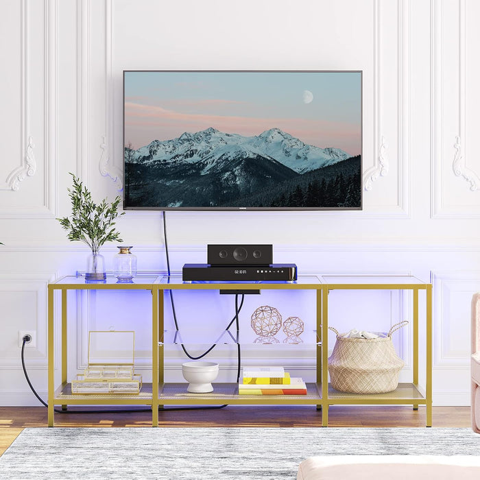 TV Stand with LED Lights and Power Outlets for Tvs up to 65", Modern 55 Inch Tempered Glass TV Console Table with Open Shelves, Media Entertainment Center for Living Room, Gold GD145UDS01