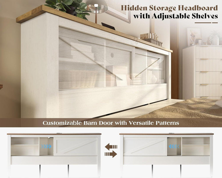 Queen Bed Frame with Hidden Sliding Bookcase Headboard, Charging Station, 2 Large Storage Drawers, Metal & Wood Platform, Farmhouse, No Box Spring Needed, White & Barnwood