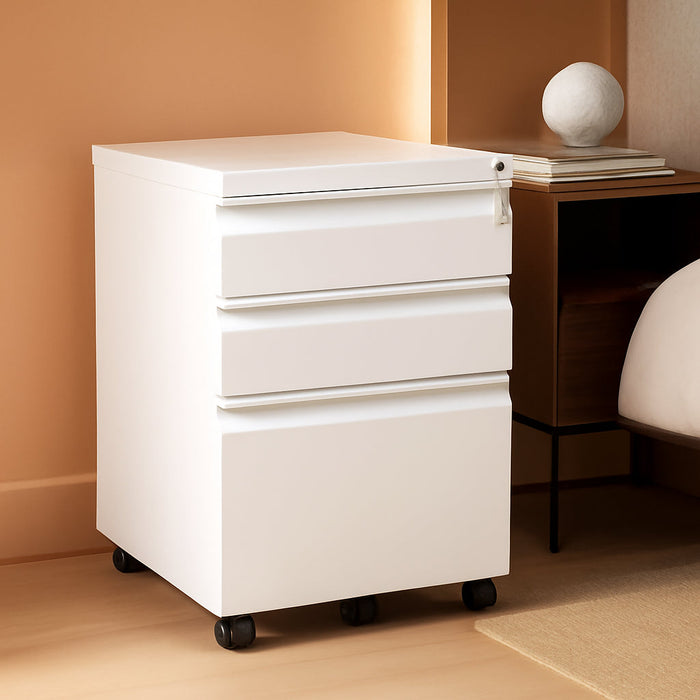 3 Drawer Mobile File Cabinet with Lock, under Desk Metal Filing Cabinet for Legal/Letter/A4 File, Fully Assembled except Wheels, White