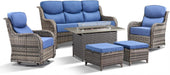 Luxury Patio Furniture Set with Fire Pit Table-6 Pieces All Weather Outdoor Swivel Rocker Chairs with Sofa and Ottomans. Outdoors Patio Conversation Sets for Porch Deck Garden Backyard(Grey/Blue)