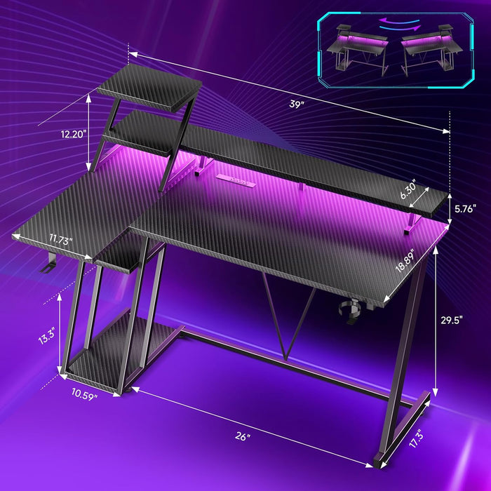 40 Inch Gaming Desk with LED Lights & Power Outlet, L Shaped Computer Gaming Table with Storage Shelves, Reversible Corner Desk with Monitor Stand for Home Office, Carbon Fiber Black