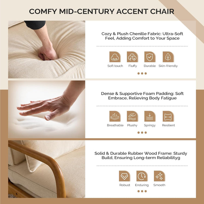 Chenille Mid-Century Modern Accent Chair Set of 2, Cute Reading Arm Chair with Cushion & Lumbar Pillow & Solid Wood Frame for Lounge, Living Room, Reading Room, Bedroom,Cream