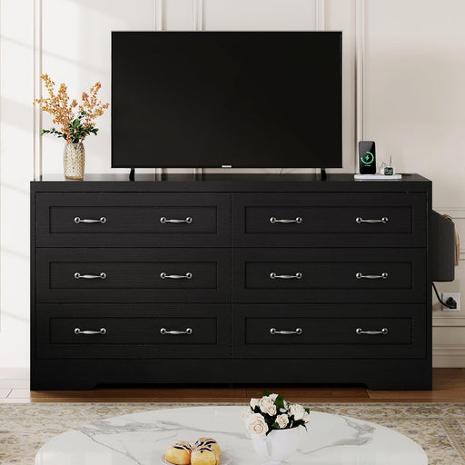 Drawers TV Stand for 65 Inches with Power Outlets -Chest of Drawers Dresser with Side Organizer Bag Entertainment Center TV Console, Black