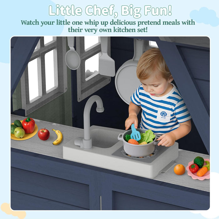 Outdoor Kids Playhouse, Modern Fir Wood Indoor/Outdoor Play House for Ages 3–8 with Play Kitchen, Sink, Stove, Cookware, Chalkboard, Flowerpot Holders & Working Doorbell (Blue)