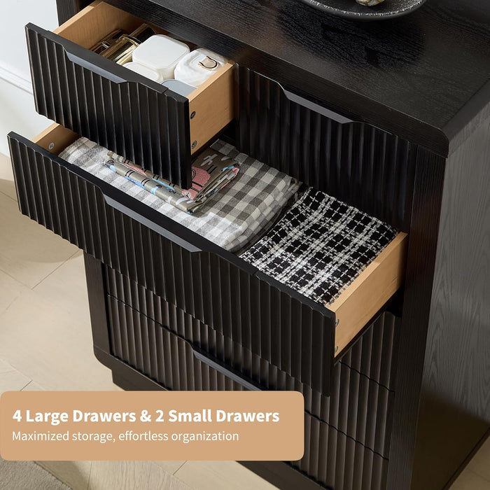 Black Dresser with 6 Drawers, 44.4" Tall Modern Chest of Drawers with Thickened Curved Profile Design, Wooden Dresser Organizer for Bedroom, Living Room, Hallway