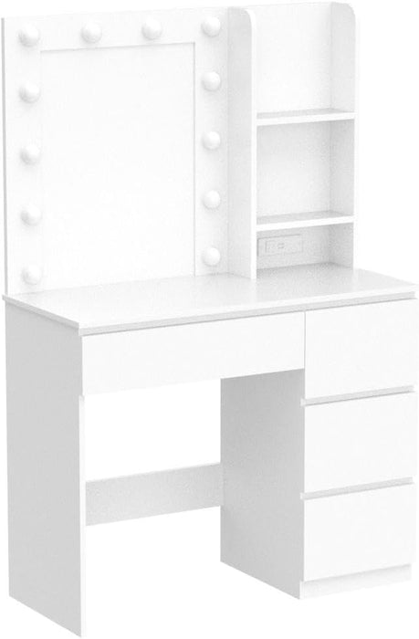 Makeup Vanity with Lights, 37Inch Vanity Desk with Power Strip, 4 Drawers Makeup Table with Lighted Mirror, 3 Lighting Colors, White