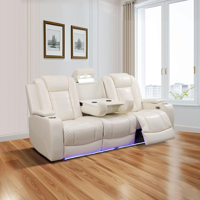 Power Recliner Sofa Set with LED, Leather Reclining Sofa Set, Living Room Furniture Set with USB Charging (Cream White Upgraded Version Total of 8 Cup Holders)