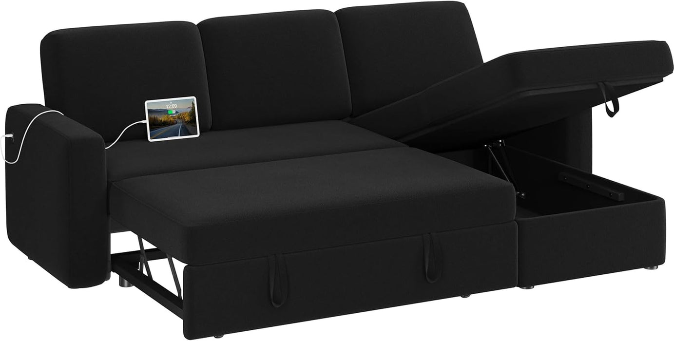 Sectional Sofa L-Shaped Sofa Couch Bed W/Chaise & USB, Reversible Couch Sleeper W/Pull Out Bed & Storage Space, 4-Seat Fabric Convertible Sofa, Pull Out Couch for Living Room Black