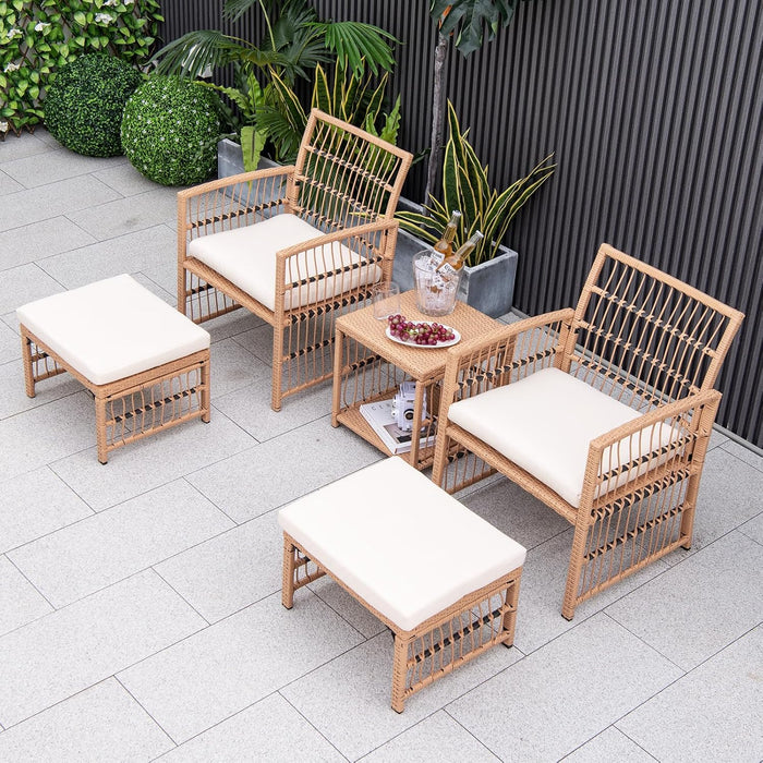 5 Piece Patio Wicker Sofa Set, Outdoor Rattan Conversation Set with Seat Cushions, 2-Tier Coffee Table & 2 Ottomans, Wicker Sofa Set for Backyard, Poolside (Natural)