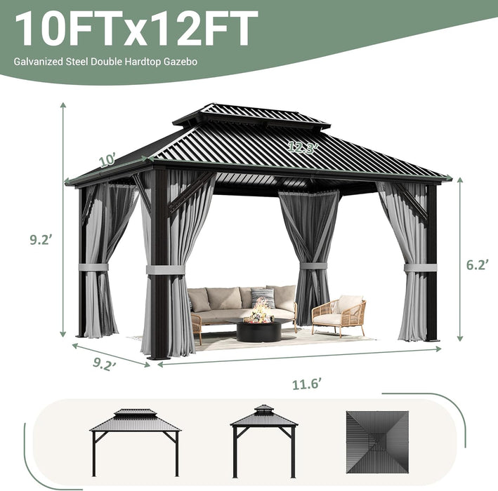 10'X12' Gazebo Hardtop Gazebo, Aluminum Frame Pergola with Double Galvanized Steel Roof, Permanent Outdoor Metal Canopy with Curtain & Netting for Patio, Backyard, Deck, Dark Grey
