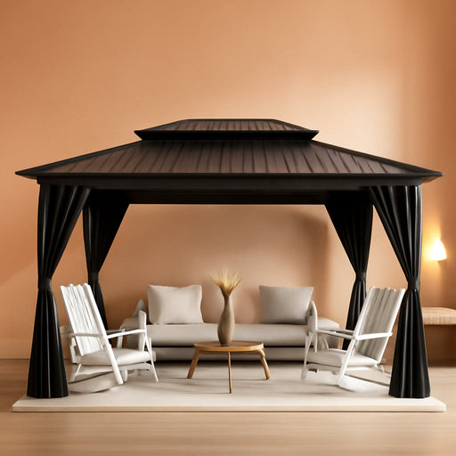 Hardtop Gazebo 12 Ft X20 Ft for All Weather, with Double Metal Roof, Net, and Curtain, Permanent Building for Patio, Deck, Backyard, Lawn, and Garden