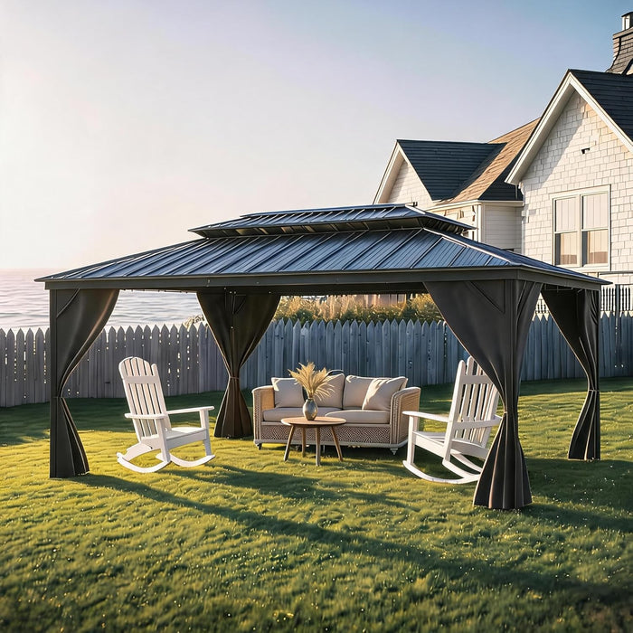 Hardtop Gazebo 12 Ft X20 Ft for All Weather, with Double Metal Roof, Net, and Curtain, Permanent Building for Patio, Deck, Backyard, Lawn, and Garden
