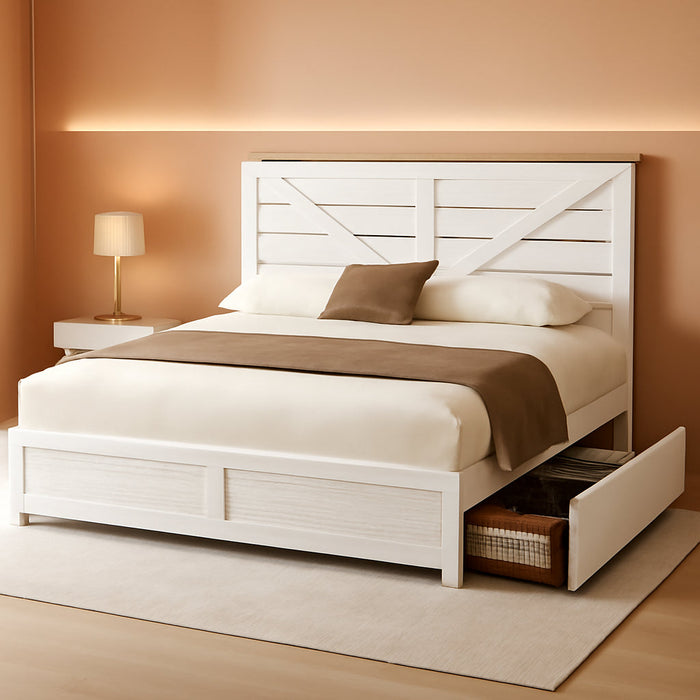 Full Size Farmhouse Bed Frame with 4 Drawers, Wooden Storage Bed Frame with Headboard and Heavy Duty Metal Slats, Noisy Free, Easy Assemble, White/Barnwood