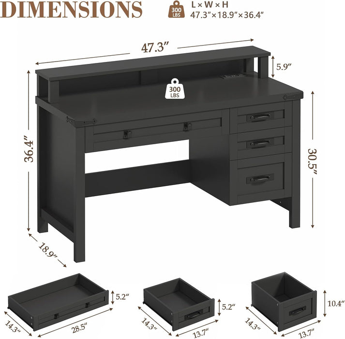 Farmhouse Computer Desk with Drawers, 47" Small Computer Desk with Power Outlets, Home Office Desk with Monitor Stand & 4 Drawers, Writing Study Table, Black