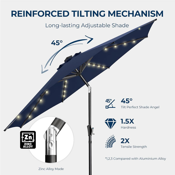9FT Solar Patio Umbrella, 45° Easy Tilt Outdoor Table Umbrella