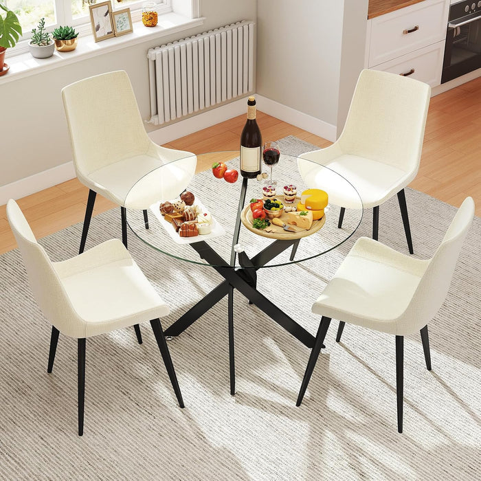 35.5" Glass Dining Table for 4, round Tempered Glass Kitchen Table | Modern Circle Glass Dinner Table with Black Metal Legs for Space Saving Dining Room Apartment Home Office