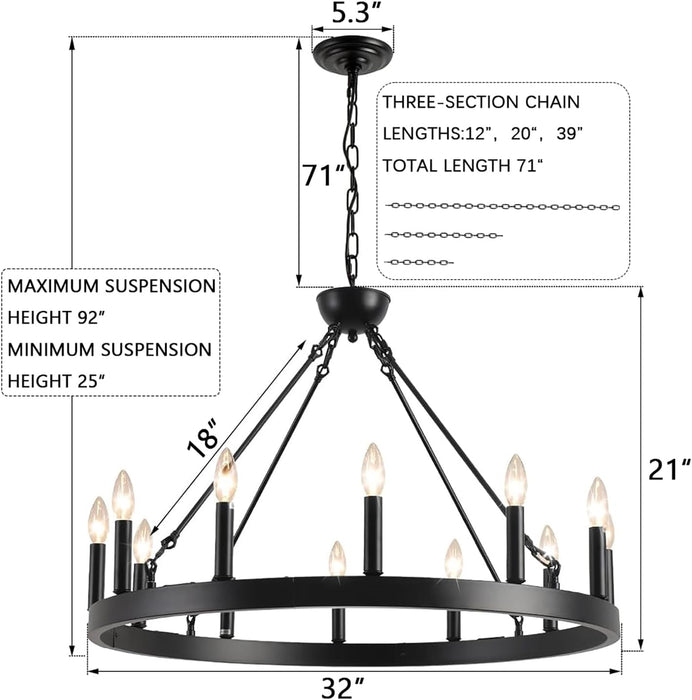 Black Wagon Wheel Chandelier 32Inch 12Light Industrial