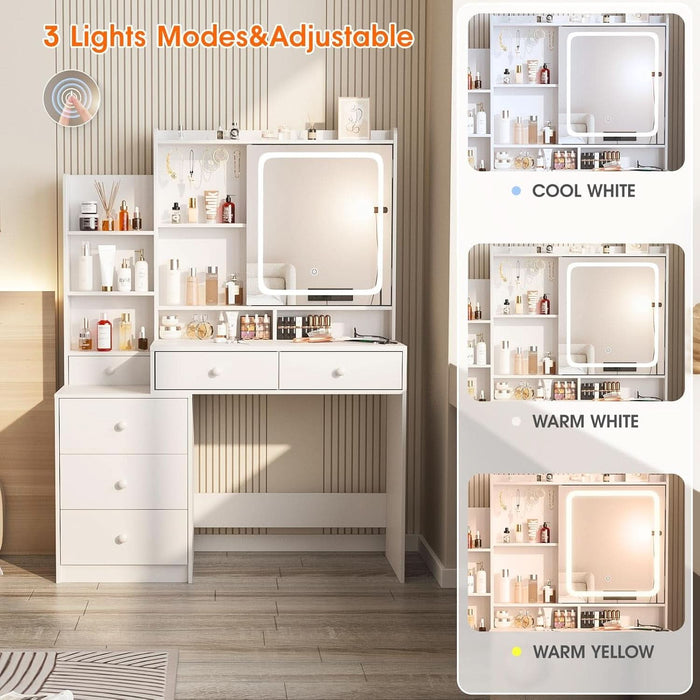 Vanity Desk with Mirror and Lights,Makeup Vanity with 6 Drawers and Shelves,Dressing Table with Power Outlet,Makeup Desk with Led Lighted Mirror in 3 Colors,For Bedroom,White