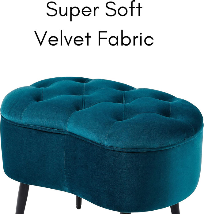 Tufted Oblong Velvet Ottoman - Mid Century Modern Design Furniture with Steel Legs - Soft, Compact, Padded Foot Stool for Living Room, Office and Bedroom- Teal Velvet, 22.5X15 Inches