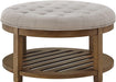 Large round Upholstered Tufted Linen Ottoman Coffee Table, Large Footrest Ottoman with Wood Shelf Storage-Iinen