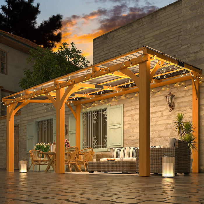 14' X 10' Outdoor Wood Ceder Gazebo for Patio, 10X14 Outdoor Lean to Hardtop Pergolas and Gazebos Clearance, Wall Mounted Wooden Gazebo Heavy Duty Metal Awnings for Patio, Decks, Backyard