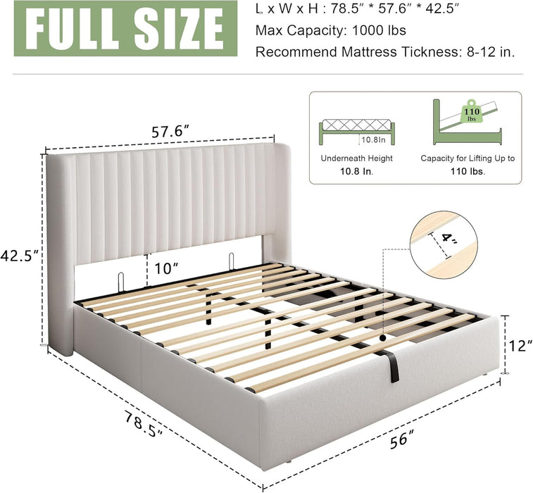 Full Size Lift up Storage Bed Frame, Velvet Upholstered Platform Bed Frame with Wingback Headboard, Hydraulic Storage, No Box Spring Needed, White