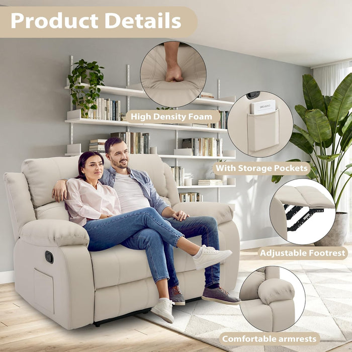 Manual Loveseat Recliner Sofa with Overstuffed Arms Leather Double Recliner Sofa with Side Pocket 2 Seat Reclining Sofa Chair for Living Room Meeting Room Bedroom Office Apartment RV