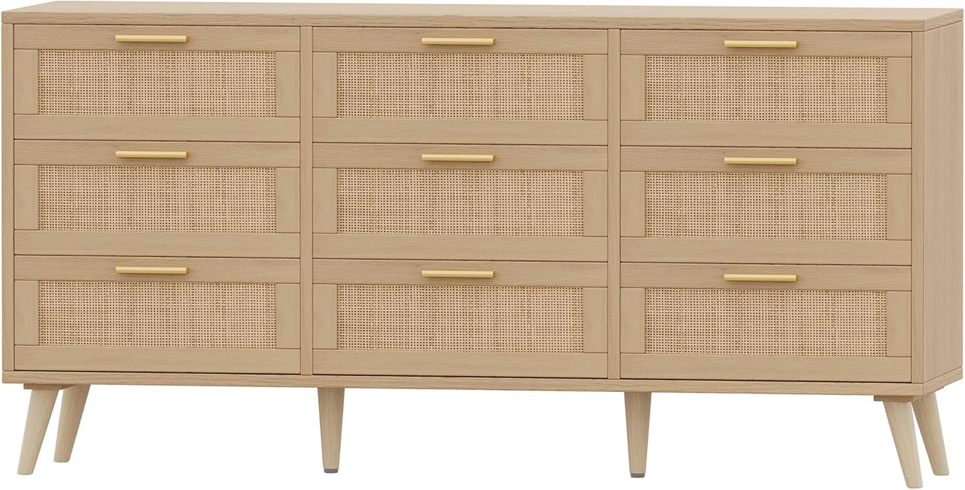 9 Drawer Double Dresser for Bedroom, Rattan Chest of Dressers, Modern Wooden Dresser Chest with Golden Handles, beside Table for Closet, Living Room and Entryway, Natural