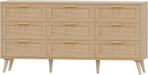 9 Drawer Double Dresser for Bedroom, Rattan Chest of Dressers, Modern Wooden Dresser Chest with Golden Handles, beside Table for Closet, Living Room and Entryway, Natural
