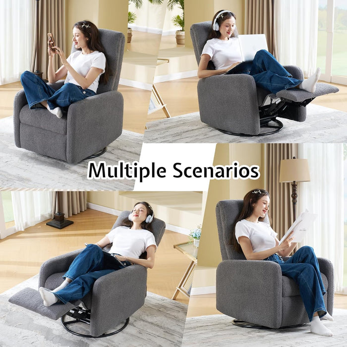 Swivel Rocking Chair, Nursery Glider Recliner Chairs for Adults, Rocker for Living Room Bedroom, Comfy Upholstered Modern Nursing Reclining Single Sofa, Grey Teddy