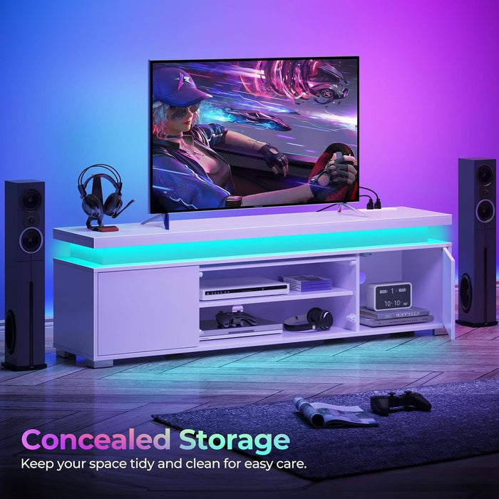 TV Stand with LED Lights & Power Outlet, Modern Entertainment Center for 32/43/50/55/65 Inchs Tvs, Table, Universal Gaming Media Stand Storage Cabinet and Large Storage, White
