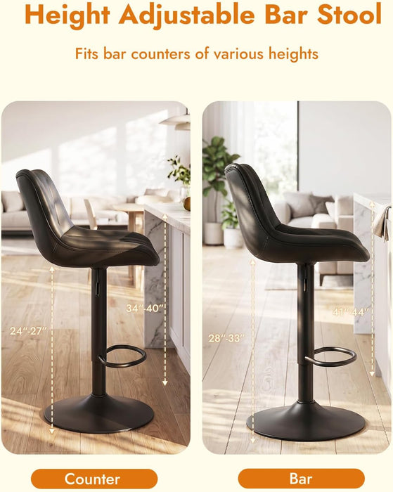 Swivel Bar Stools Set of 2, Height Adjustable Counter Height Bar Stools with Open Back and Footrest, Premium Faux PU Leather, Modern Upholstered Bar Chairs for Kitchen Island/Bar/Counter, Black