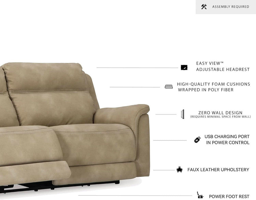 Next-Gen Durapella Power Reclining Sofa with Adjustable Headrest, USB, Extended Ottoman, Faux Leather, 80" W X 42" D X 42" H, Beige Sand