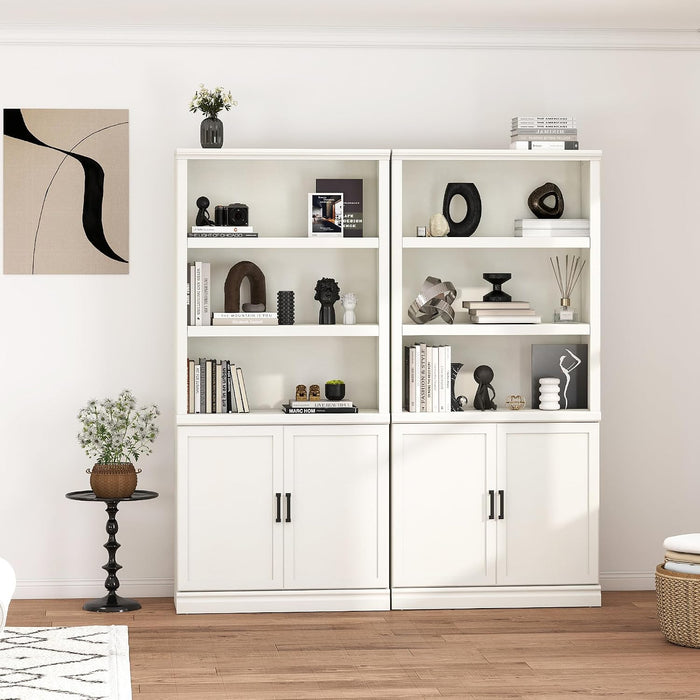5 Shelf Tall Bookcase with Doors White Bookshelf 31In Wide Display Standing Storage Shelf 72In Tall Wood Book Shelves for Bedroom Living Room Office Library