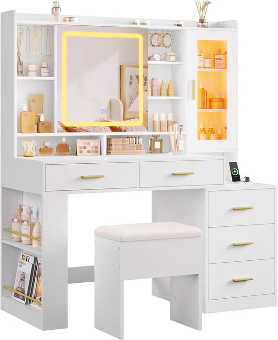 Makeup Vanity Desk with Sliding LED Lighted Mirror, 47.2"W Large Vanity Desk with Drawers, Shelves and Side Storage, RGB Glass Cabinet, White Vanity Table Set with Charging Station for Bedroom