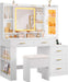 Makeup Vanity Desk with Sliding LED Lighted Mirror, 47.2"W Large Vanity Desk with Drawers, Shelves and Side Storage, RGB Glass Cabinet, White Vanity Table Set with Charging Station for Bedroom