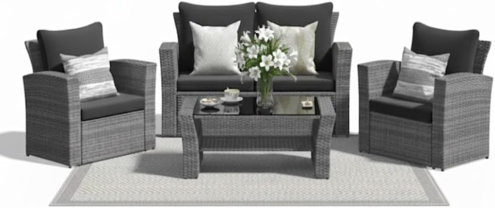 Wicker Patio Conversation Set with Tempered Glass Table and Outdoor Cushions for Backyard Living