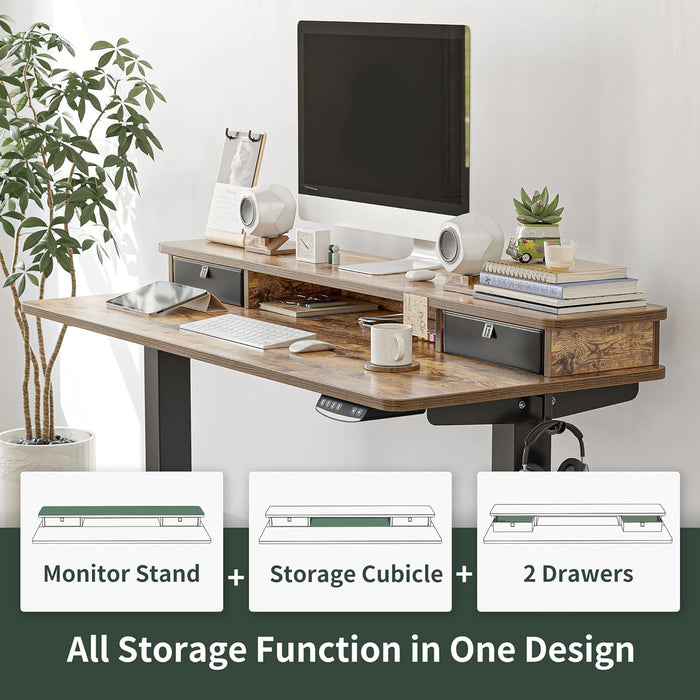48 X 24 Inch Height Adjustable Electric Standing Desk with Double Drawer, Stand up Table with Storage Shelf, Sit Stand Desk, Rustic Brown