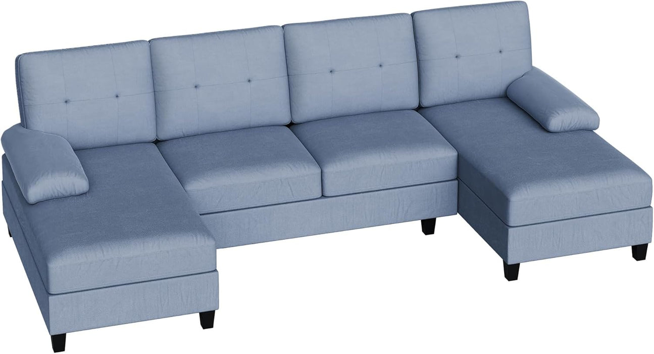 U-Shaped Sectional Sofa with Double Chaise, 4-Seat Linen Fabric Living Room Furniture Set, High-Density Cushions for Ultimate Comfort & Modern Style, Blue
